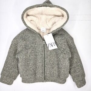 NEW Zara Boys Baby 12-18 Months 12m 18m Green Faux Shearling Hooded Jacket